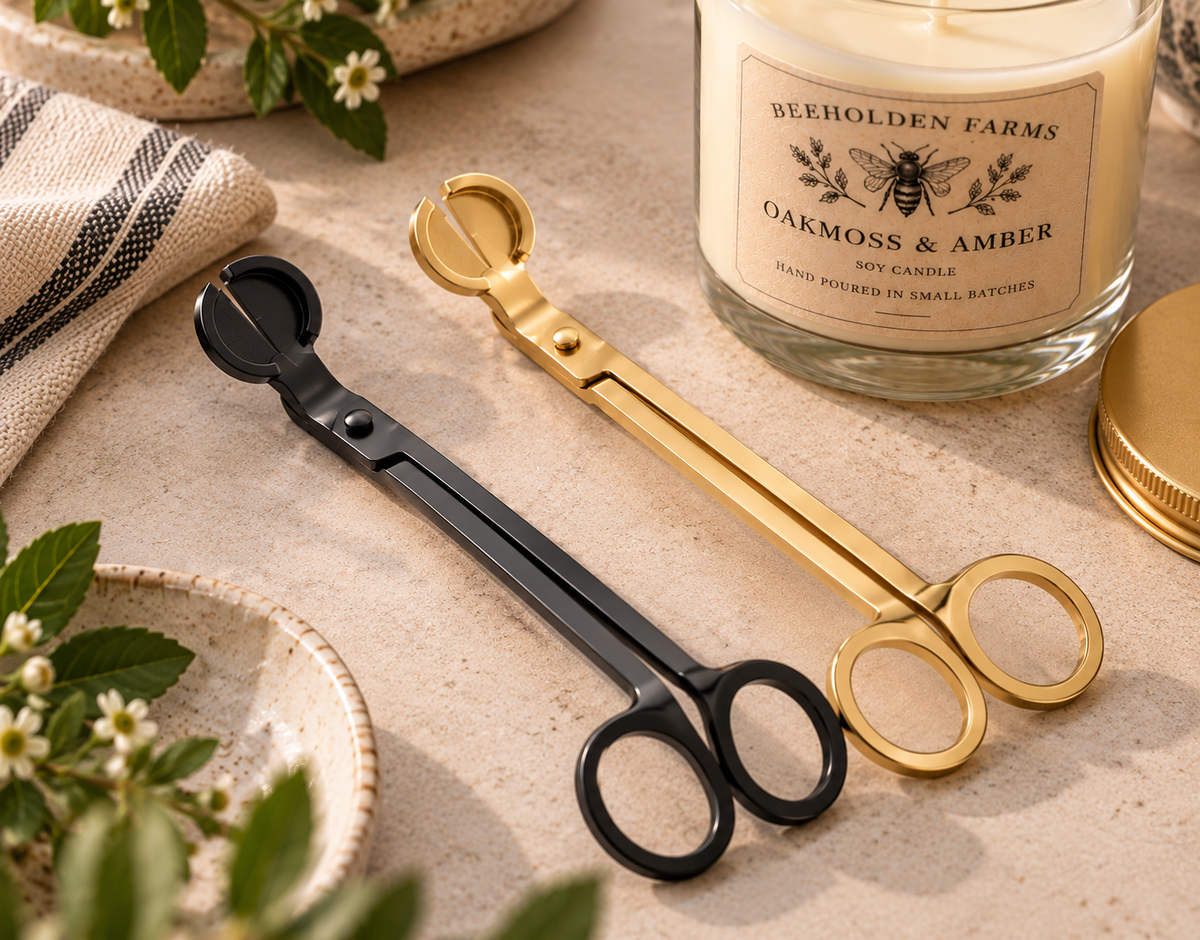 Matte black and gold candle wick trimmers side by side in front of a Beeholden Farms candle