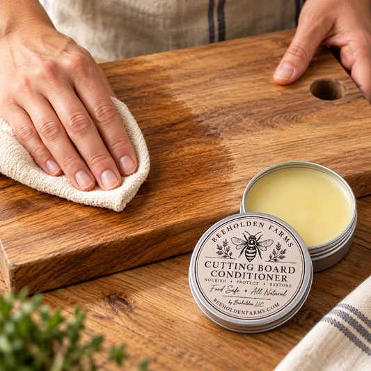 Open tin of Beeholden Farms beeswax cutting board conditioner beside a closed tin on a wooden board