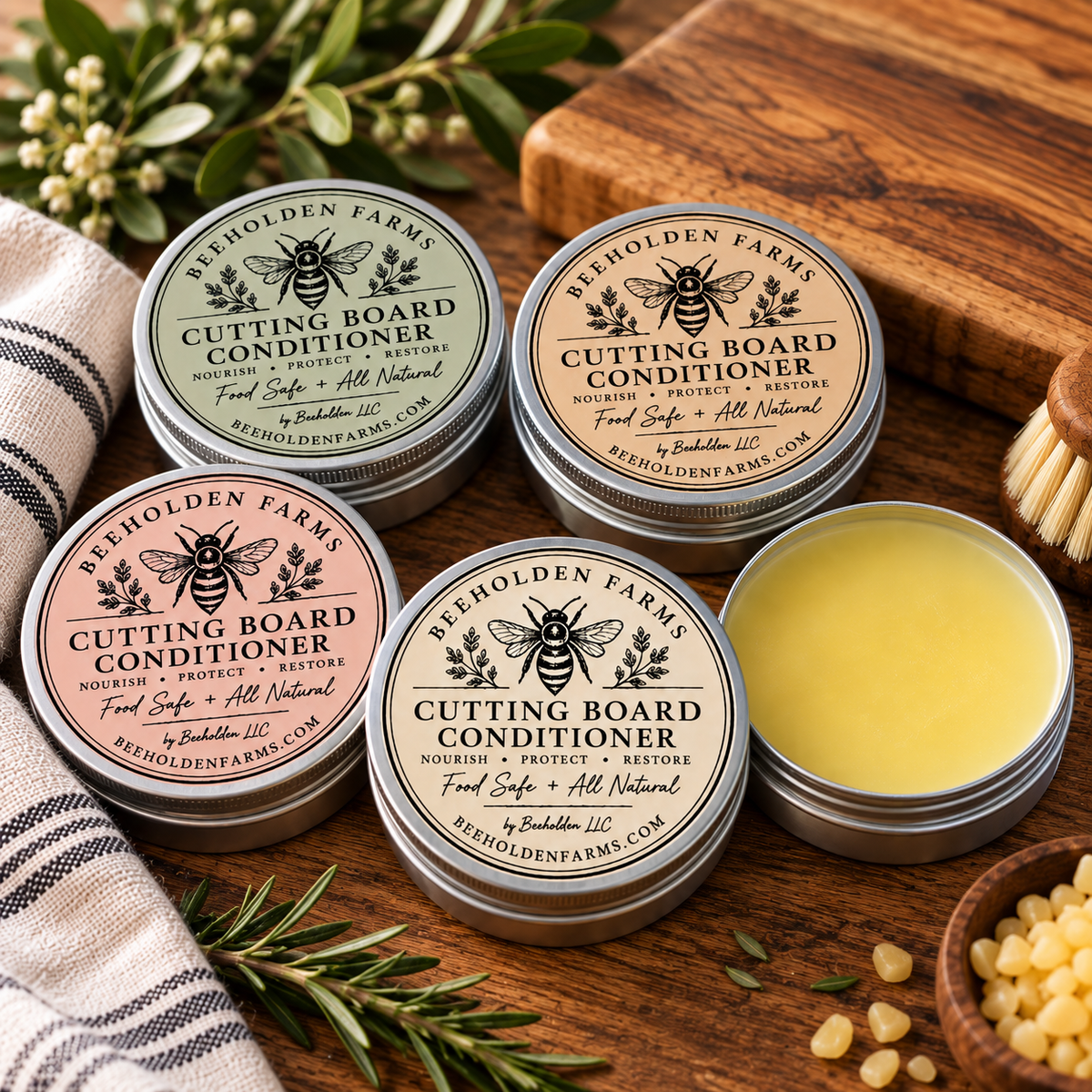 Hand buffing beeswax board conditioner into a wooden cutting board with a cloth