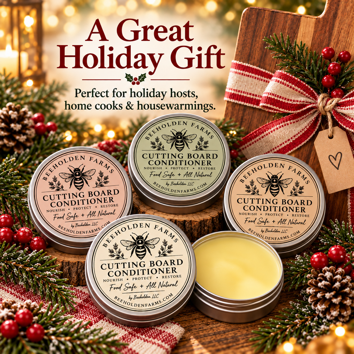 Cutting board conditioner tins in sage, peach, blush pink and cream labels with an open tin