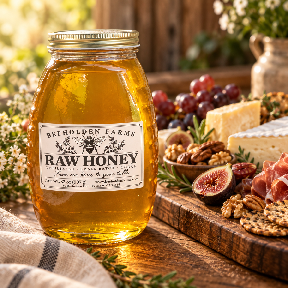 32 oz jar of Beeholden Farms raw unfiltered honey beside a cheese and fig board