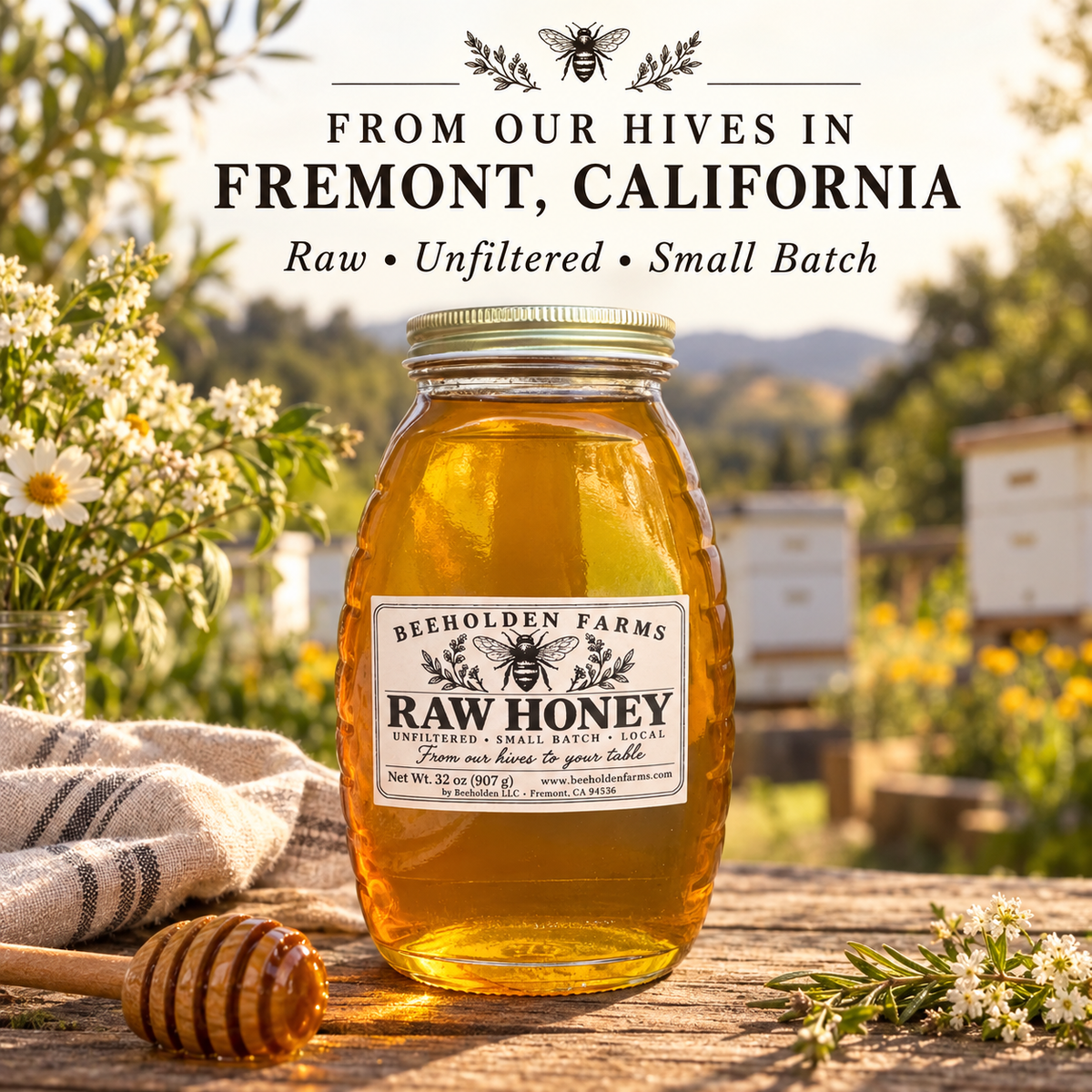 Jar of Beeholden Farms raw honey, harvested in Fremont, California
