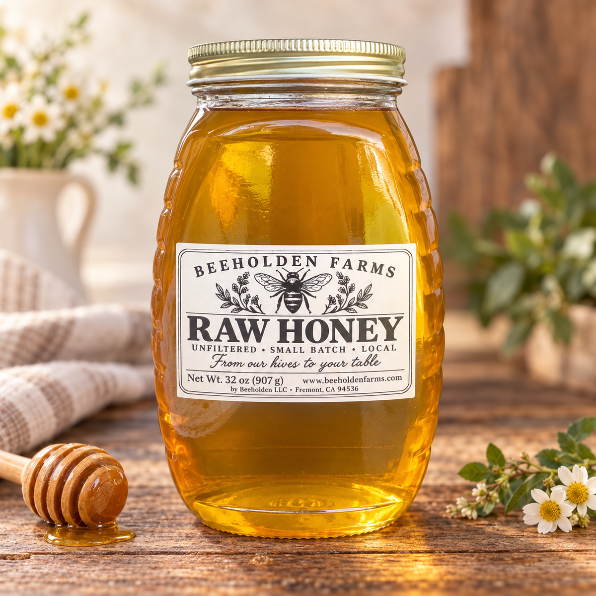 32 oz jar of Beeholden Farms raw unfiltered local honey from Fremont, California