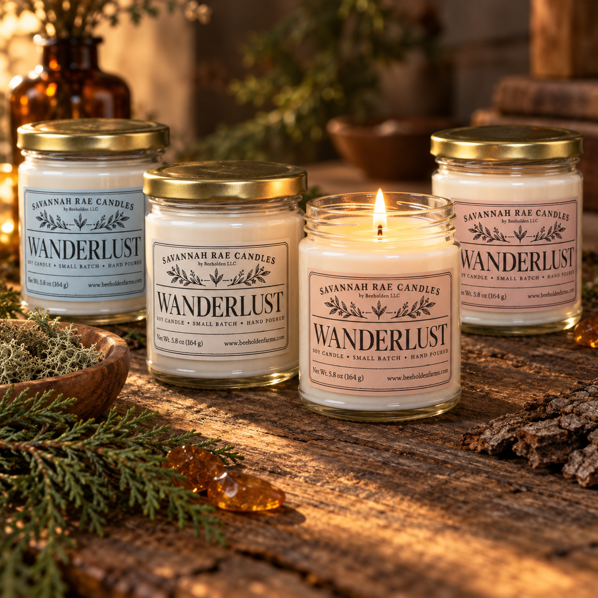 Wanderlust soy candle with orange, sage, lavender and amber scent notes, view 2