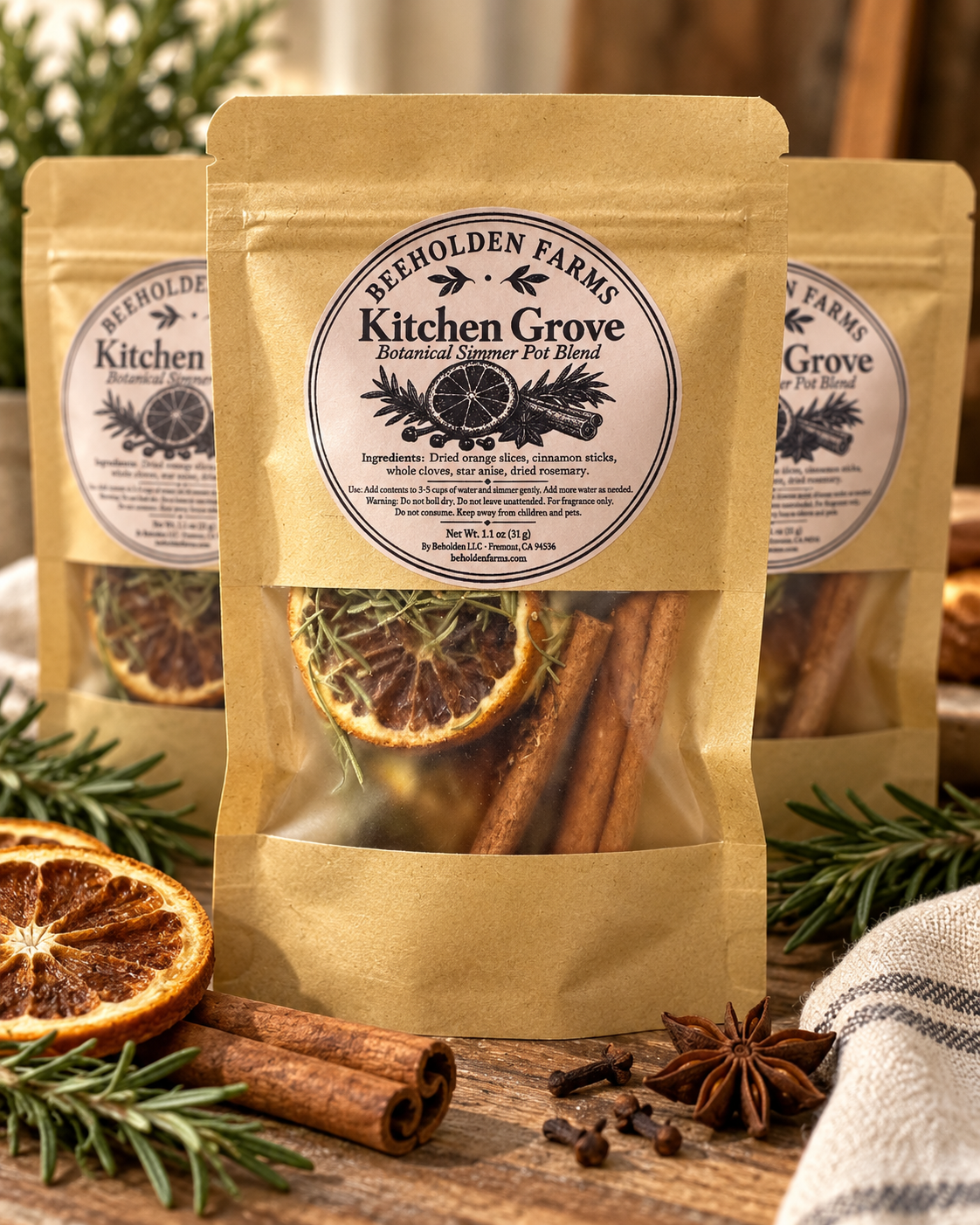 Kitchen Grove botanical simmer pot blend with dried orange slices, cinnamon sticks, cloves, star anise and rosemary