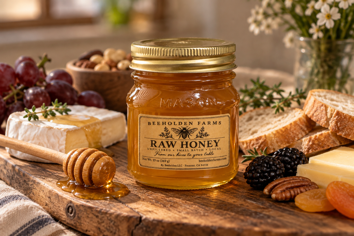 13 oz mason jar of Beeholden Farms small-batch raw honey