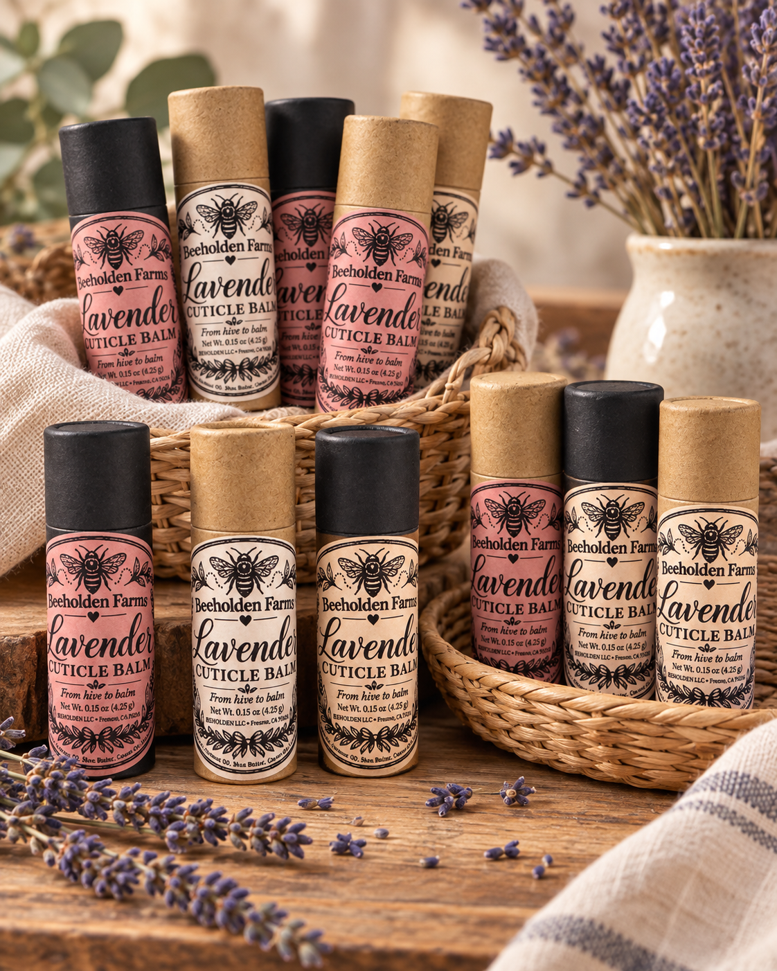 Lavender beeswax cuticle balm in kraft and black tubes, view 2