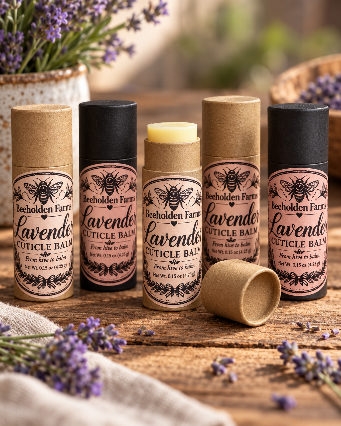 Beeholden Farms Lavender Cuticle Balm in a paperboard push-up tube