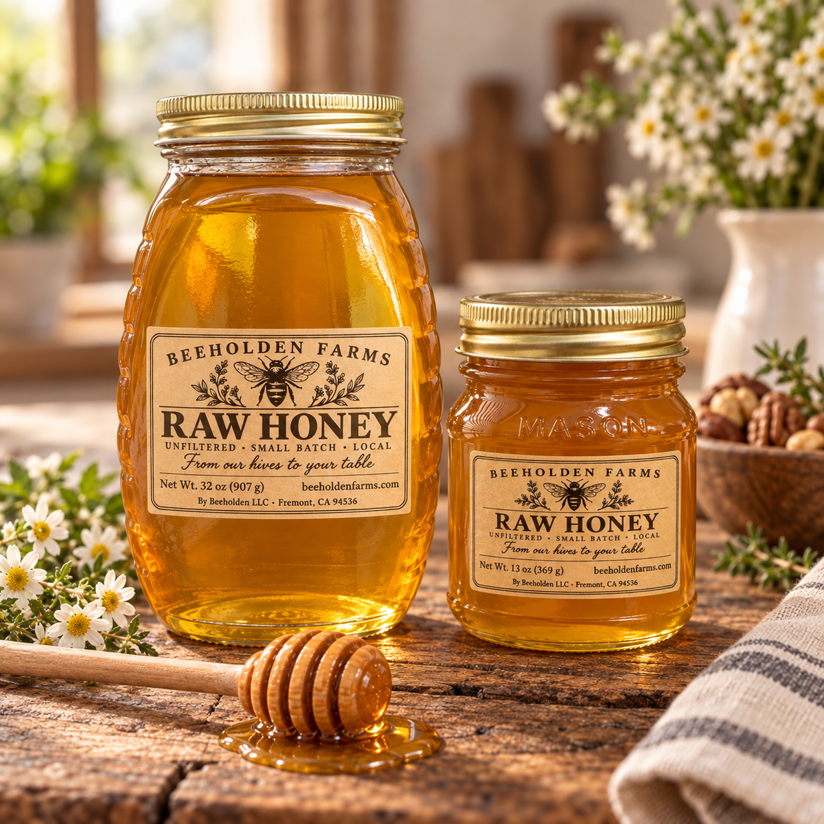 32 oz and 13 oz jars of Beeholden Farms raw unfiltered local honey from Fremont, California