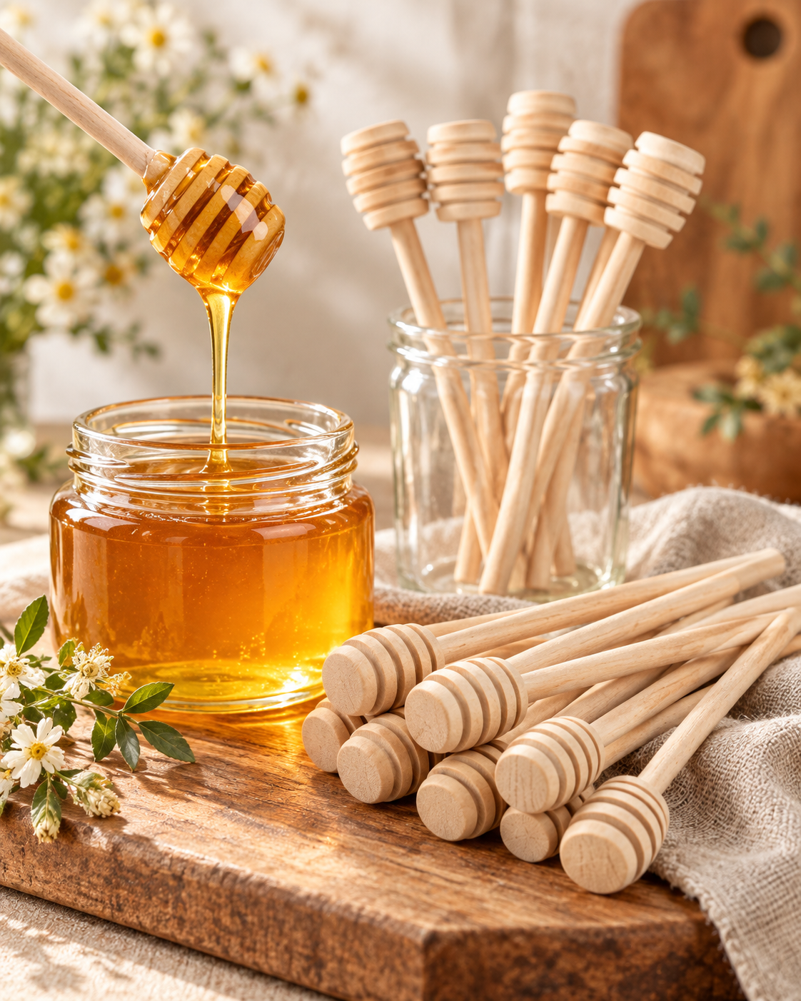 Wooden honey dipper with grooved head for drizzling raw honey
