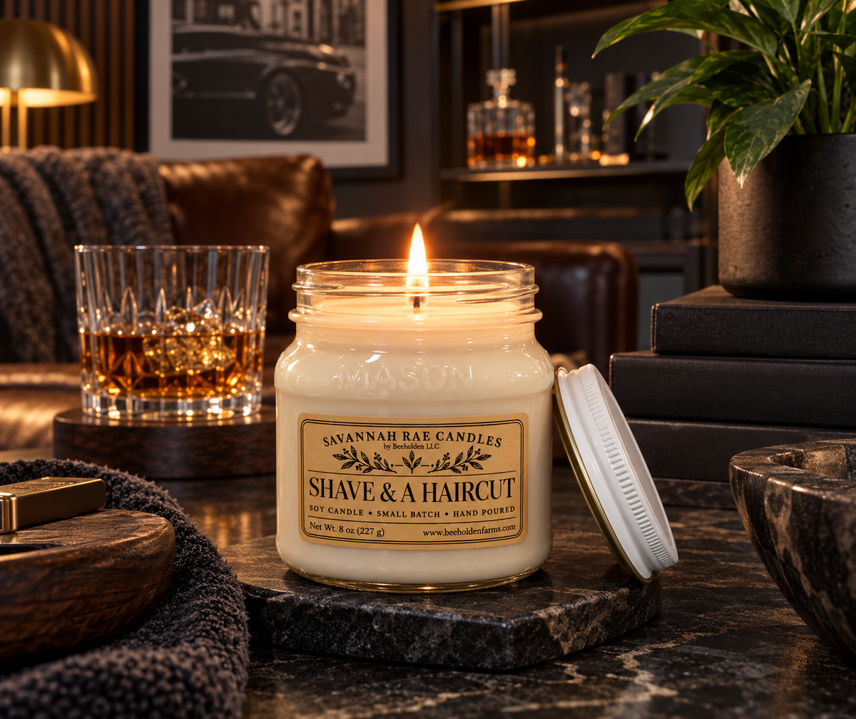 Shave & A Haircut barbershop-scented soy candle in a mason jar, hand-poured in small batches