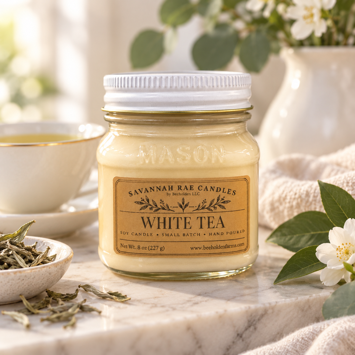 White Tea soy candle in a mason jar, view 2