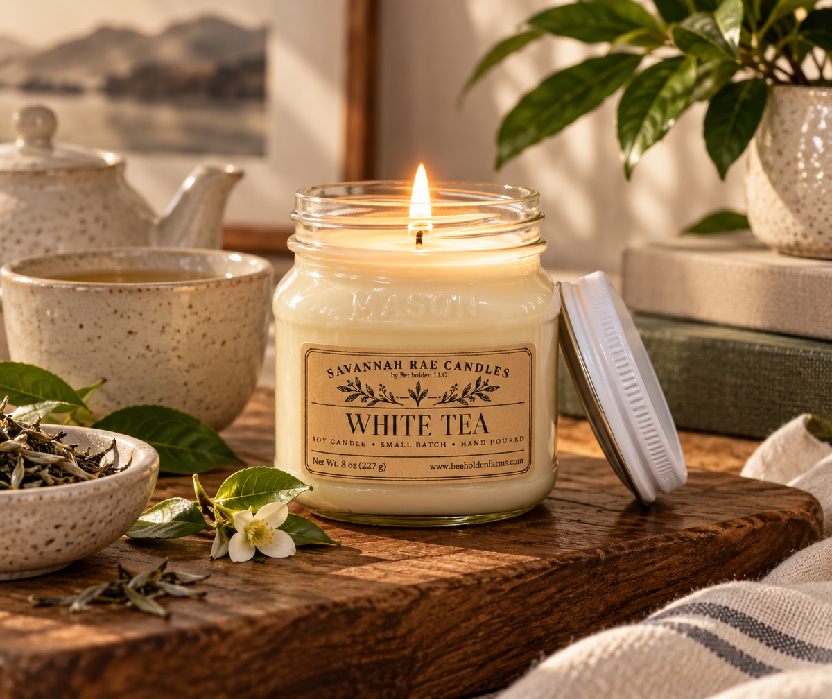 White Tea hand-poured soy candle by Savannah Rae Candles in an 8 oz mason jar