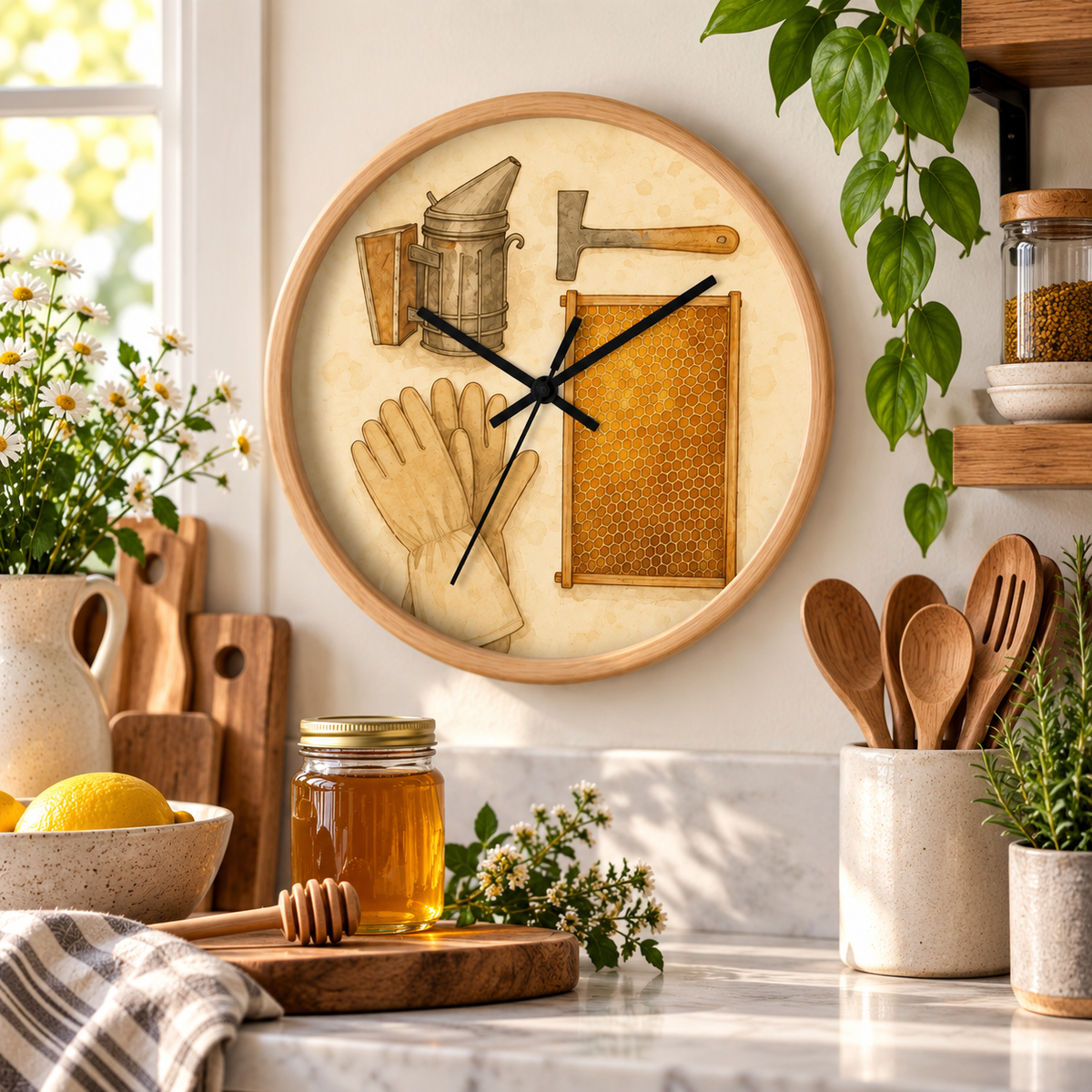 Bee Keeper's rustic 10-inch wooden wall clock with honeybee and honeycomb art