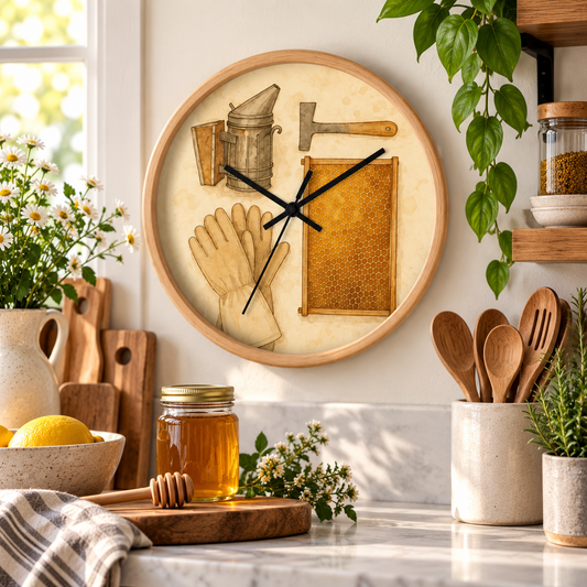 Bee Keeper's rustic 10-inch wooden wall clock with honeybee and honeycomb art