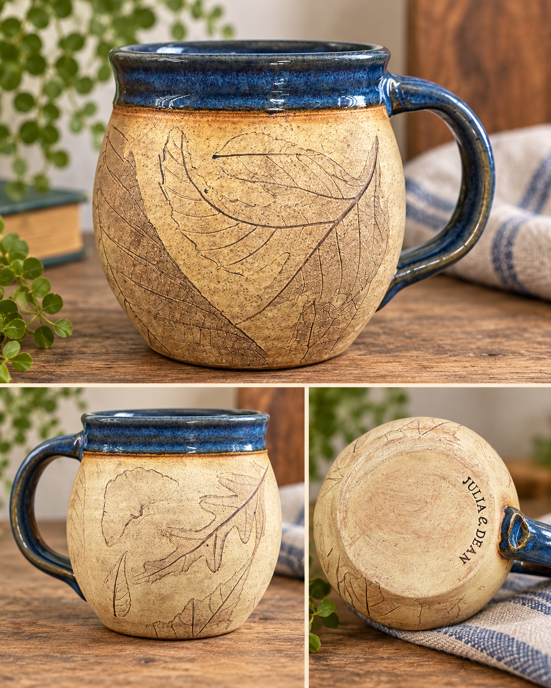 Three views of the Julia E. Dean leaf-print mug: front, back and stamped bottom, with a blue glazed rim and handle