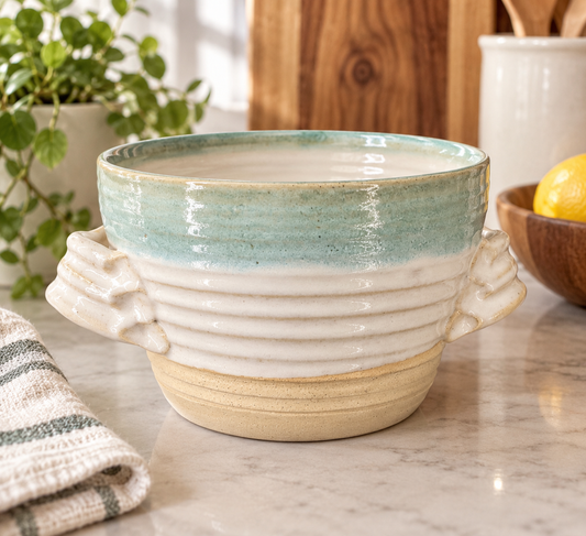 Handmade CoastalClayCo stoneware soup crock with an aqua-to-cream glaze, ribbed sides and two sculpted handles