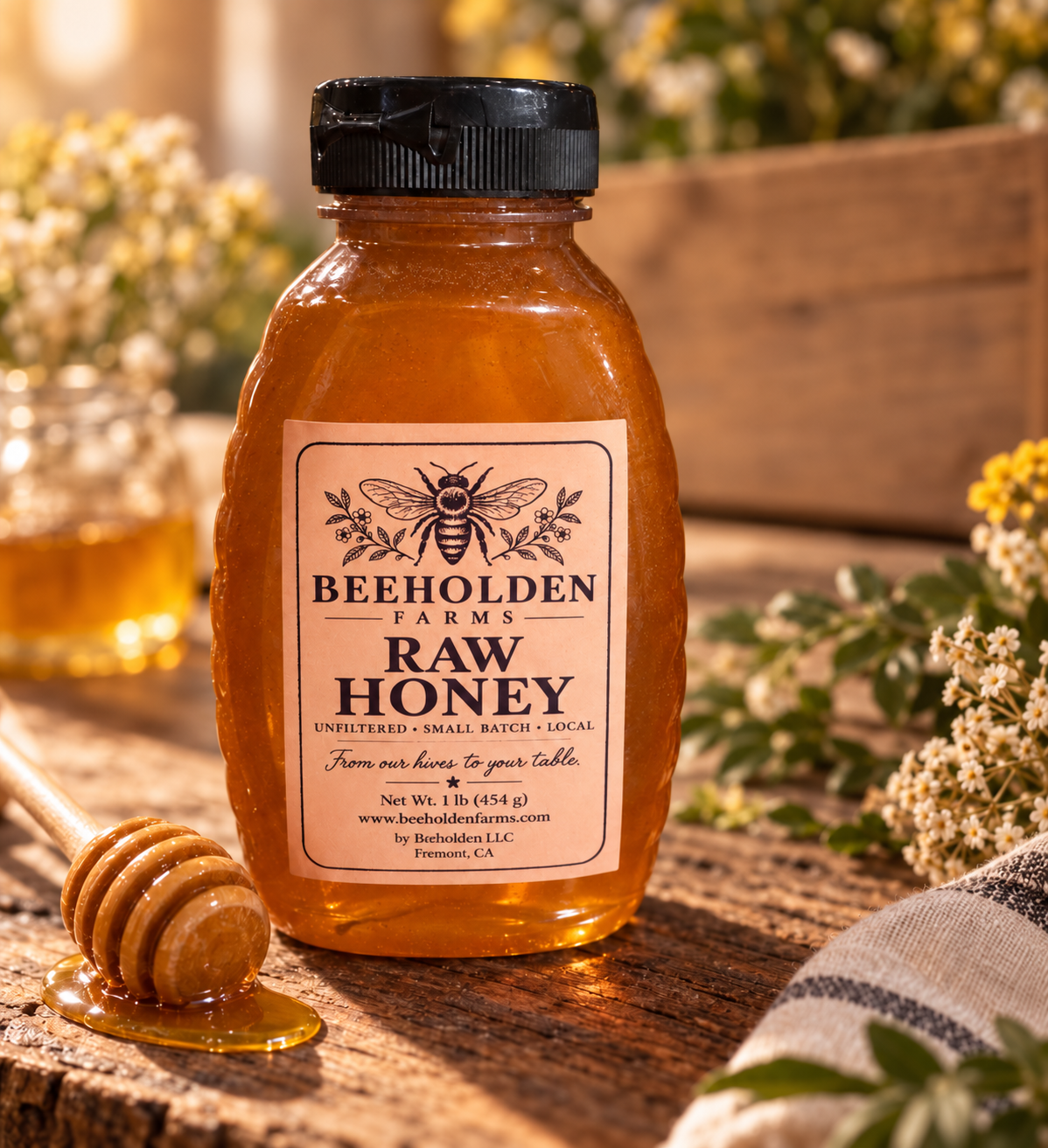 1 lb BPA-free squeeze bottle of Beeholden Farms raw unfiltered local honey from Fremont, California
