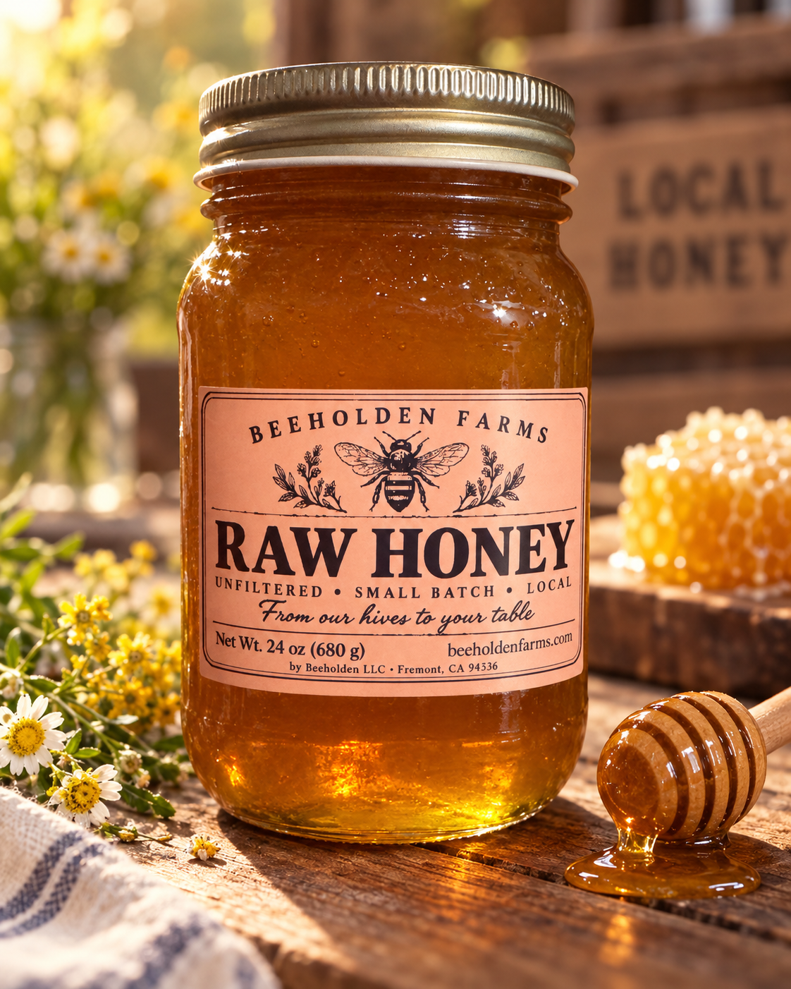 24 oz jar of Beeholden Farms raw unfiltered local honey from Fremont, California