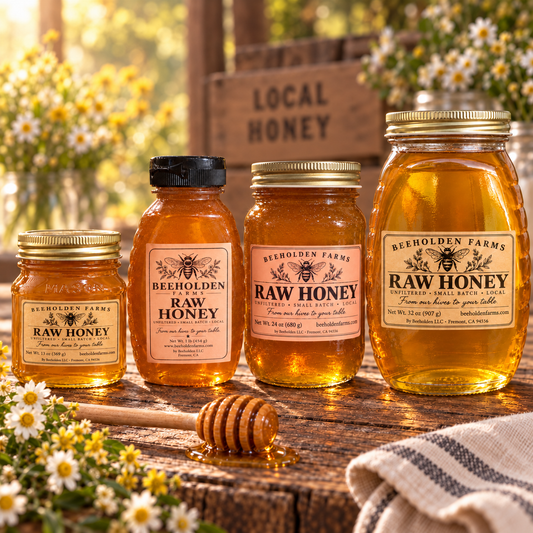 Beeholden Farms raw unfiltered local honey in all four sizes: 13 oz jar, 1 lb BPA-free squeeze bottle, 24 oz jar and 32 oz queenline jar