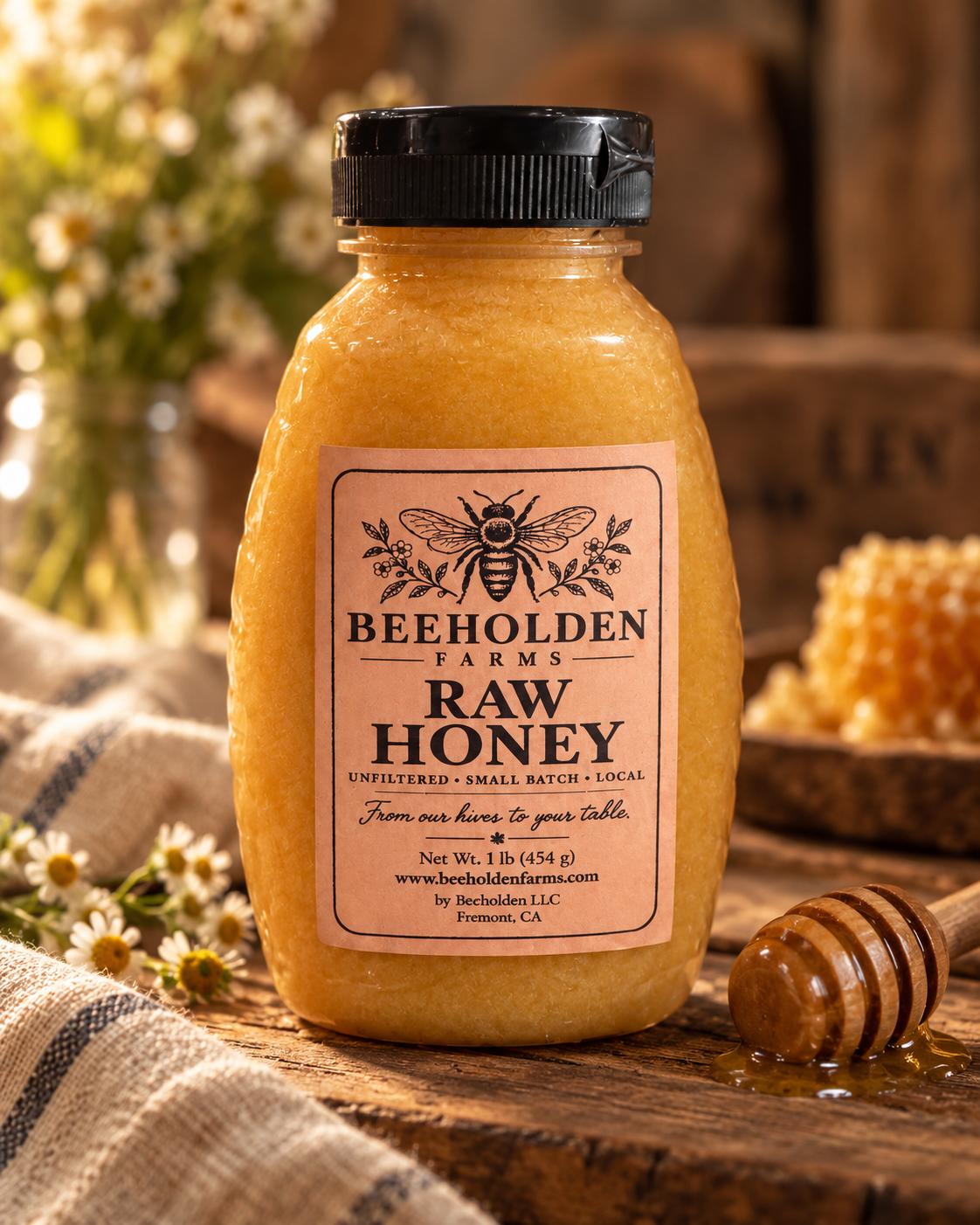 1 lb Beeholden Farms crystallized raw honey with a thick, grainy texture