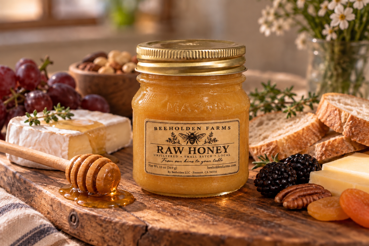 13 oz jar of Beeholden Farms crystallized raw honey, spreadable and small batch