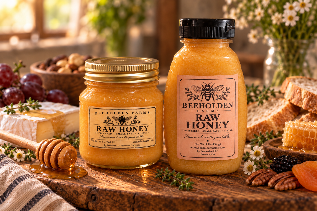 Beeholden Farms crystallized raw honey in 13 oz and 1 lb sizes, thick and grainy from our Bay Area hives