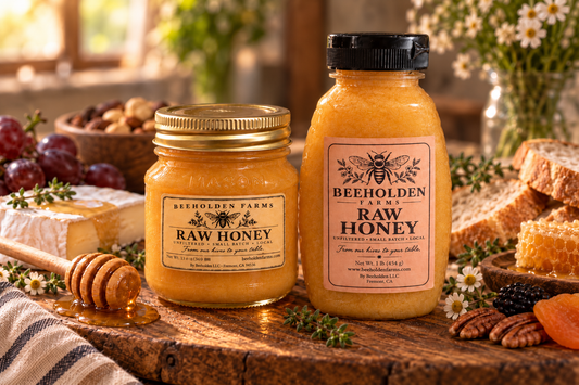 Beeholden Farms crystallized raw honey in 13 oz and 1 lb sizes, thick and grainy from our Bay Area hives