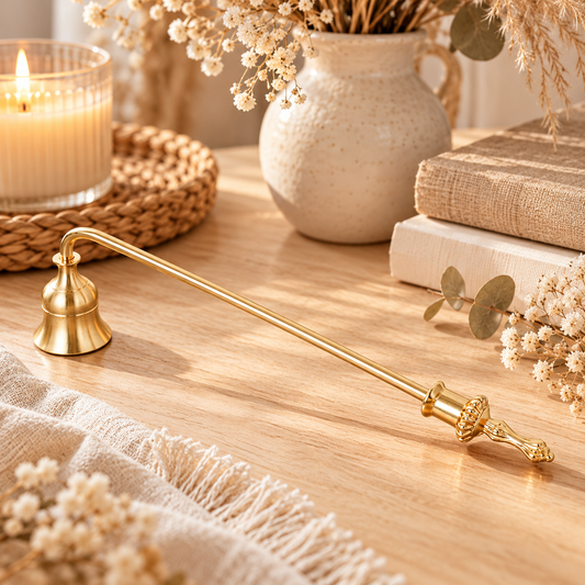 Gold candle snuffer with a 9-inch ornate handle and bell-shaped head