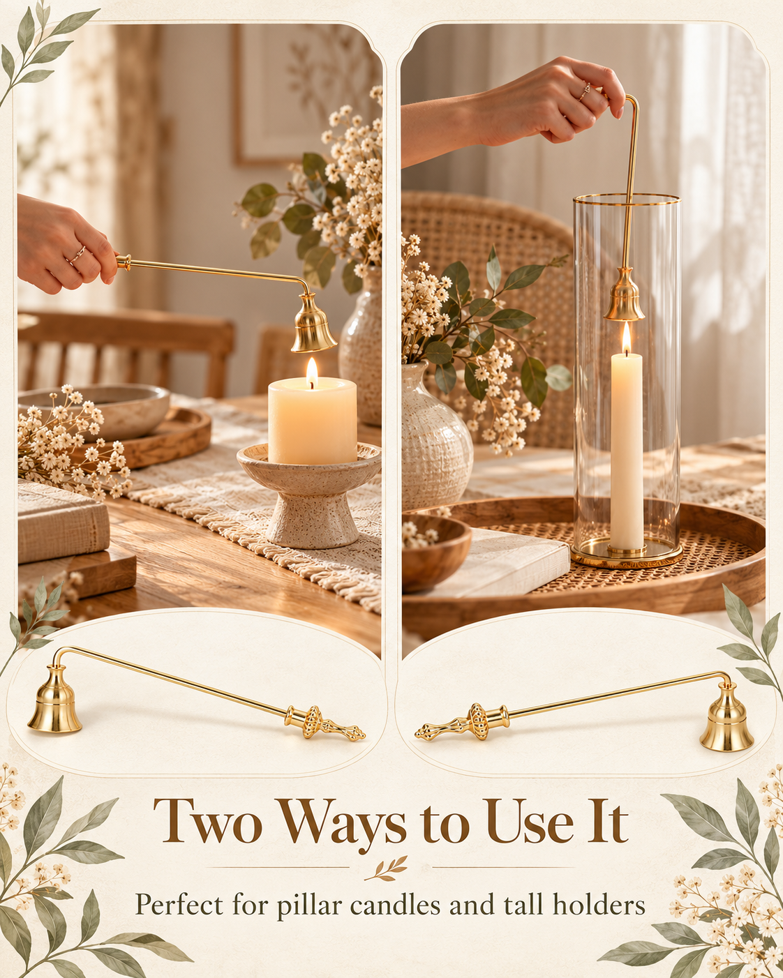 Long-handled gold candle snuffer for putting out candles without smoke or wax splatter