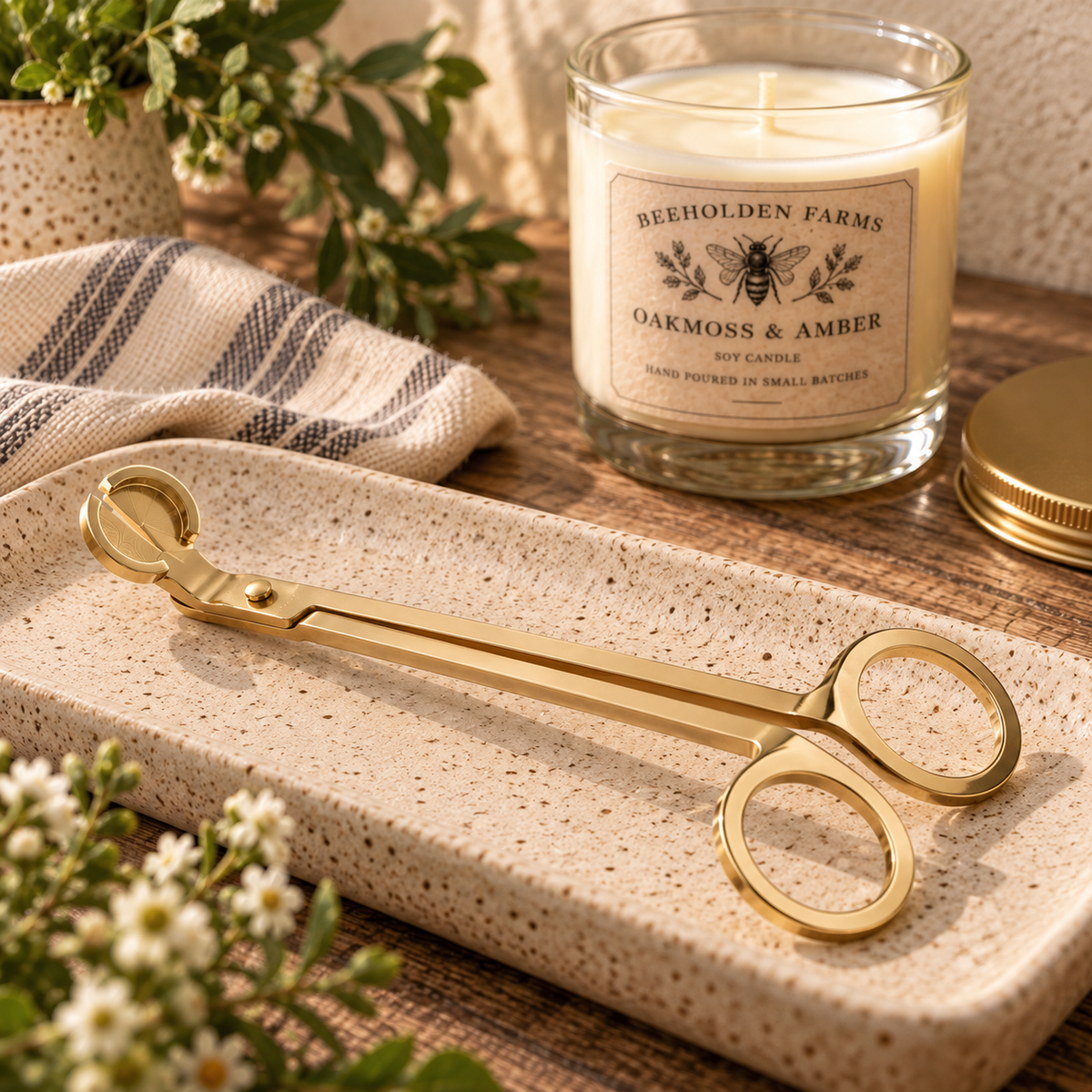 Gold candle wick trimmer resting on a speckled ceramic tray beside a Beeholden Farms soy candle in a glass jar