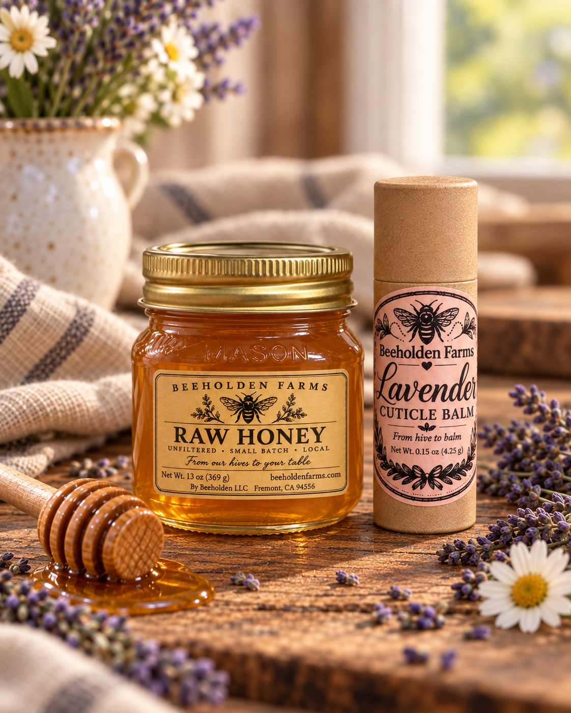 Beeholden Farms 13 oz raw honey jar with a Lavender Cuticle Balm, honey dipper and lavender sprigs