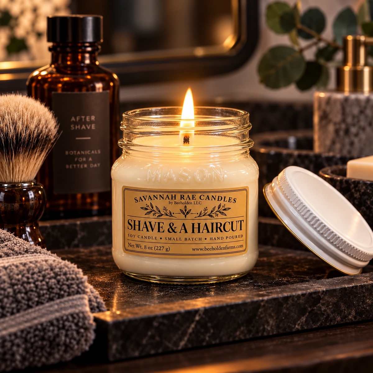 Shave & A Haircut soy candle in an 8 oz mason jar, view 2