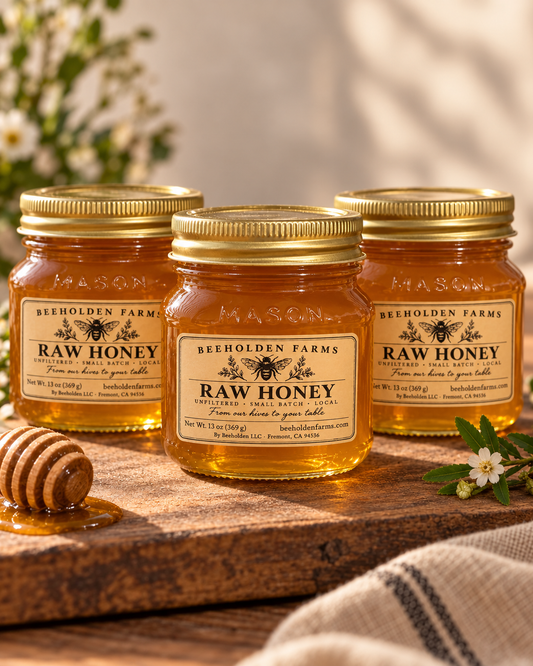 Jar of Beeholden Farms raw unfiltered honey from Fremont, California
