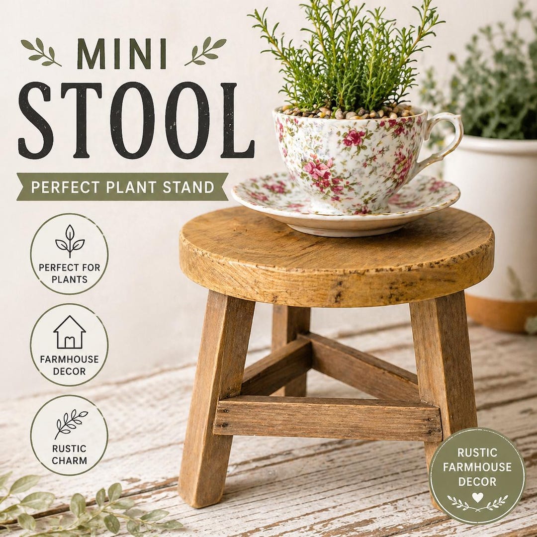 Mini rustic wood stool used as a plant stand, holding a floral teacup planted with greenery