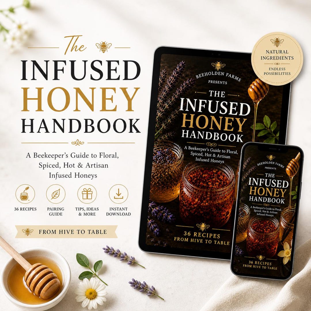 The Infused Honey Handbook cover shown on a tablet and phone beside a bowl of honey and a honey dipper