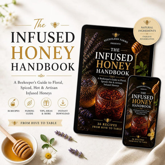 The Infused Honey Handbook cover shown on a tablet and phone beside a bowl of honey and a honey dipper