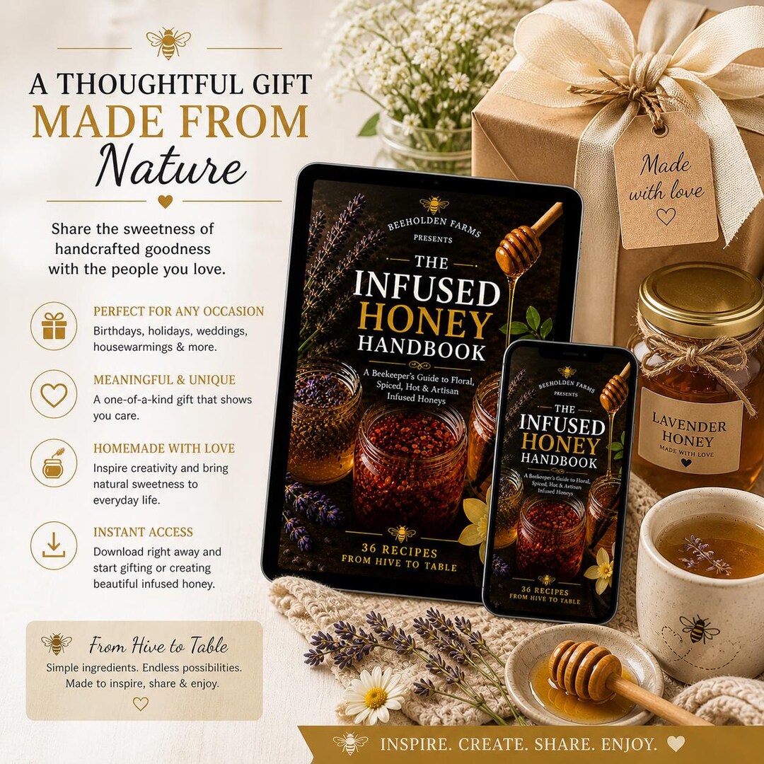 Infused honey gift set with the handbook, a jar of lavender honey, a mug, and a gift box
