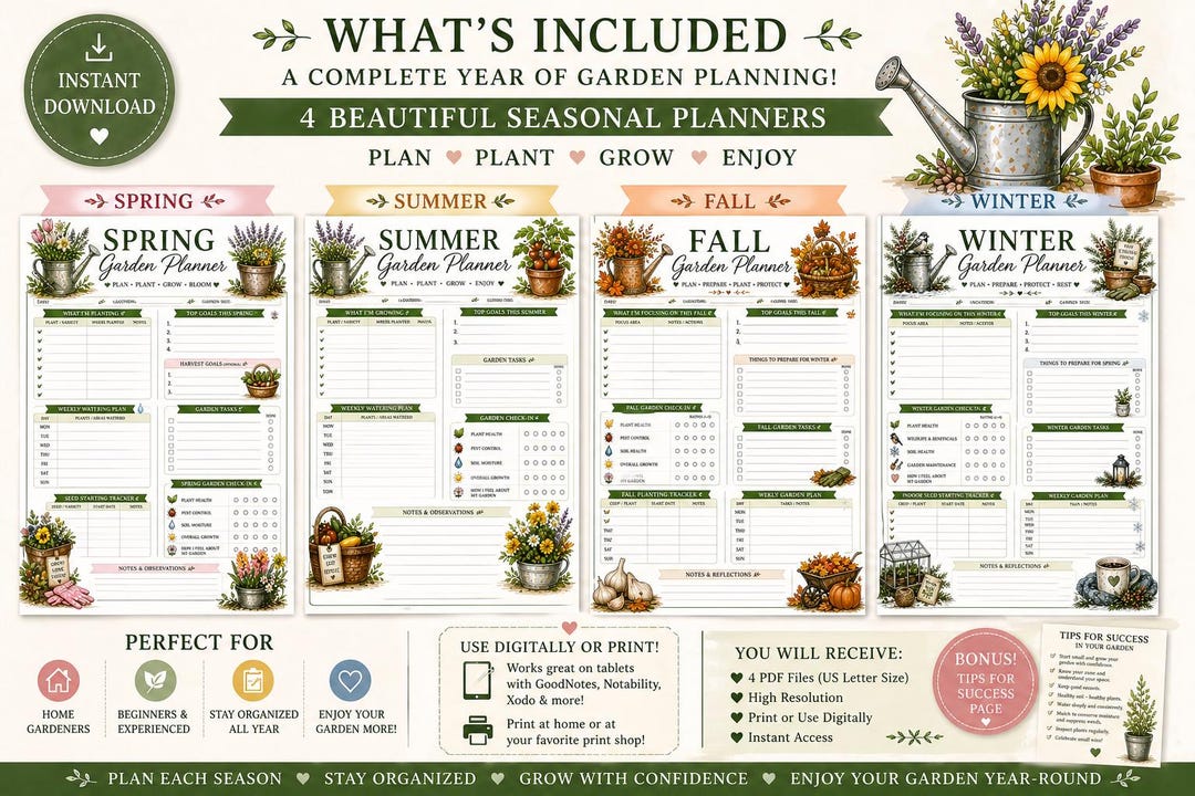 Four seasonal garden planners for spring, summer, fall, and winter with floral designs