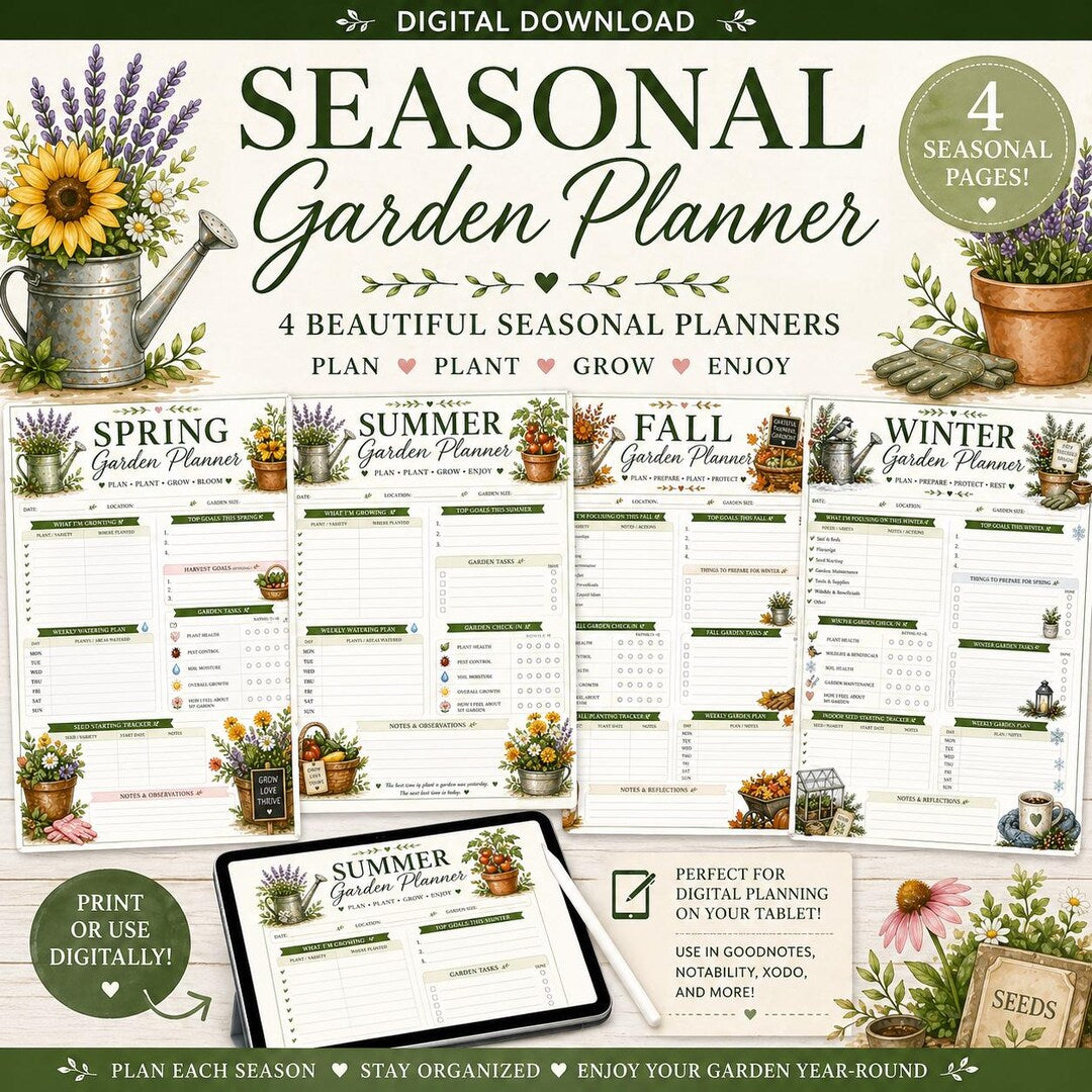 Seasonal garden planner digital download with flowers and gardening tools