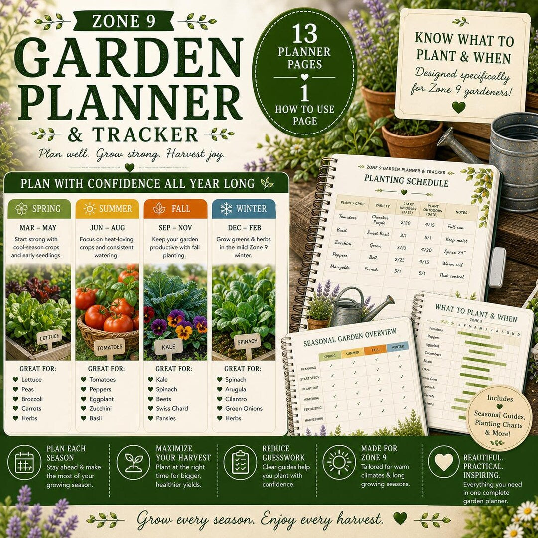 Spiral-bound Zone 9 garden planner with seasonal planting guides for spring, summer, fall, and winter