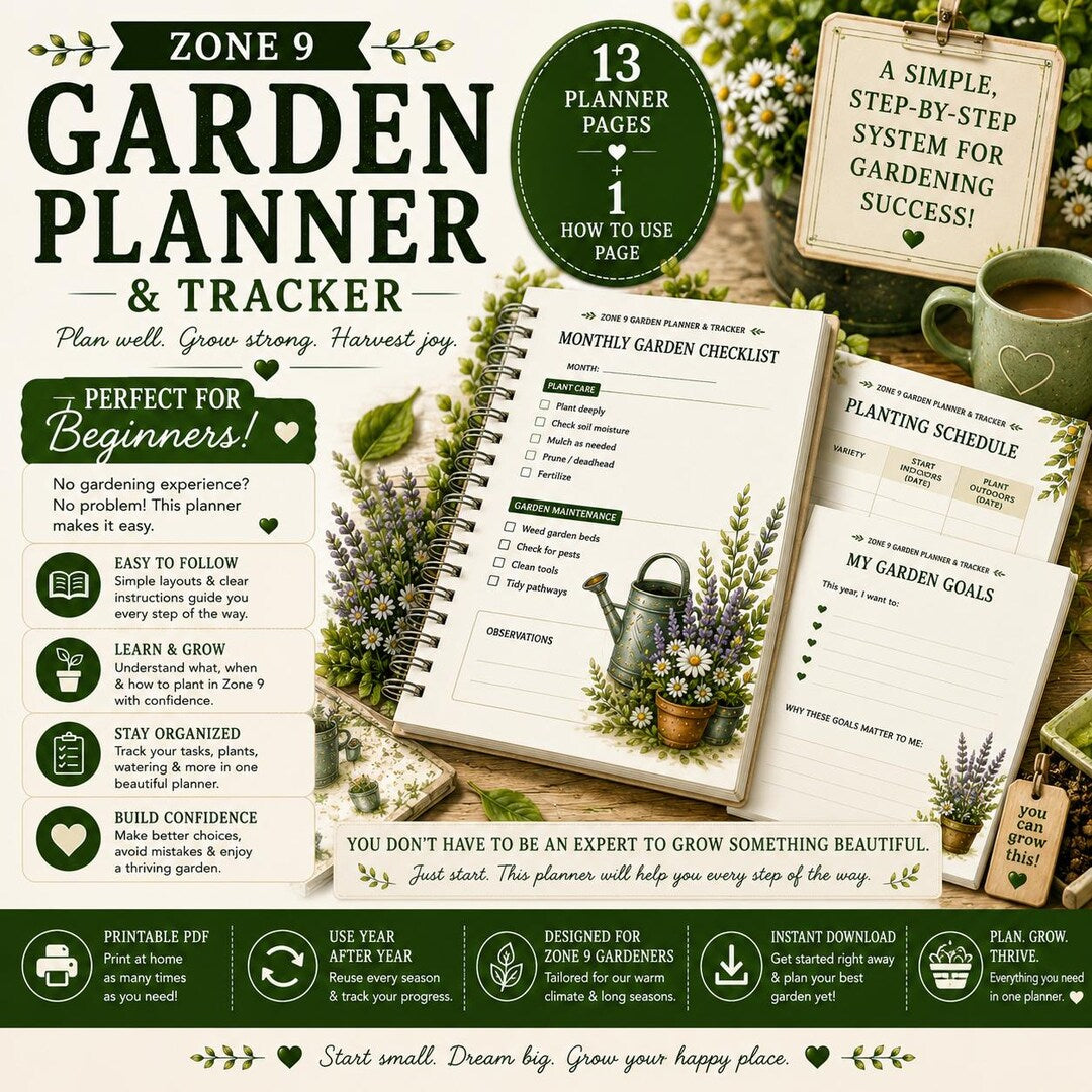 Zone 9 garden planner pages including monthly checklist, planting schedule, and garden goals