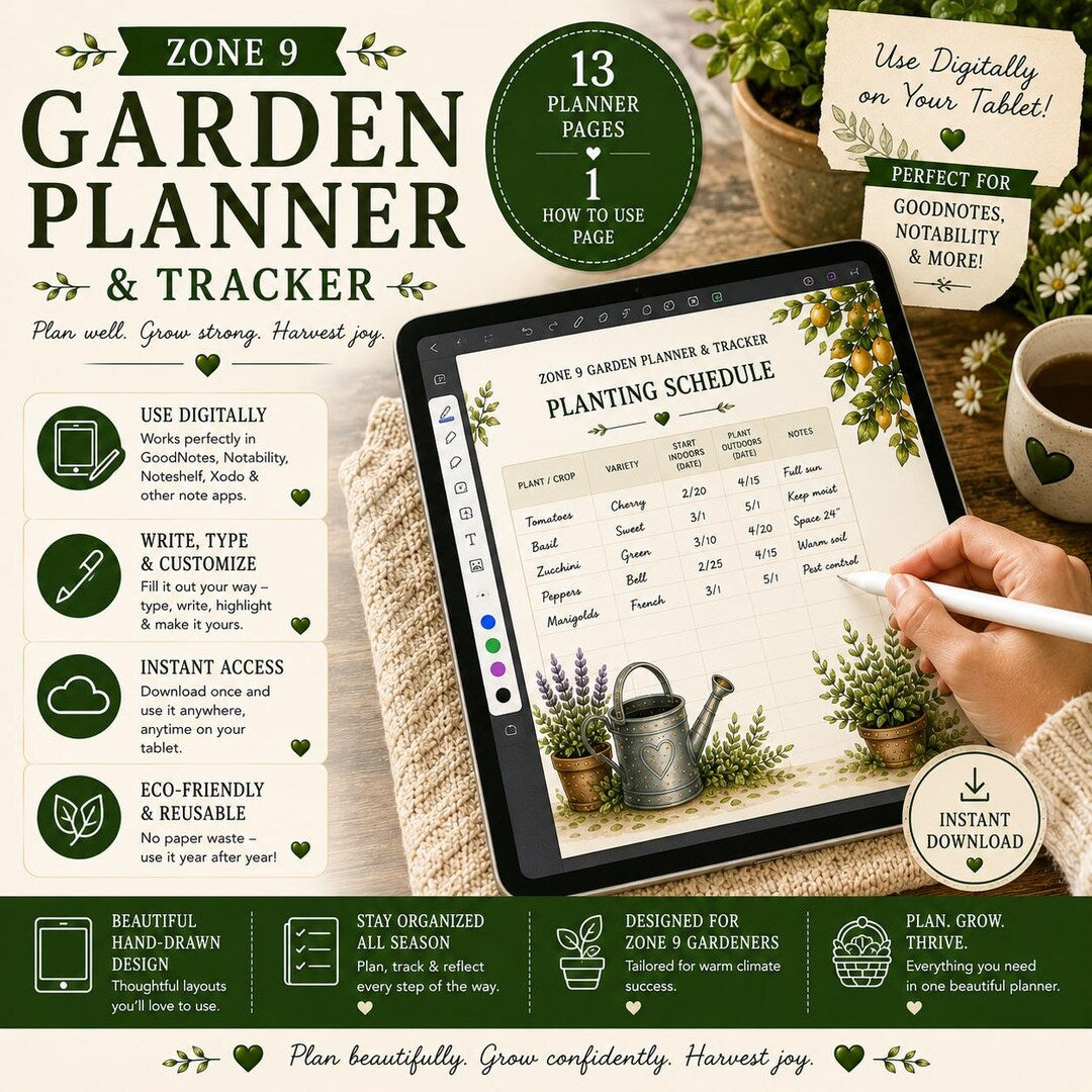 Zone 9 garden planner displayed on a tablet showing a planting schedule