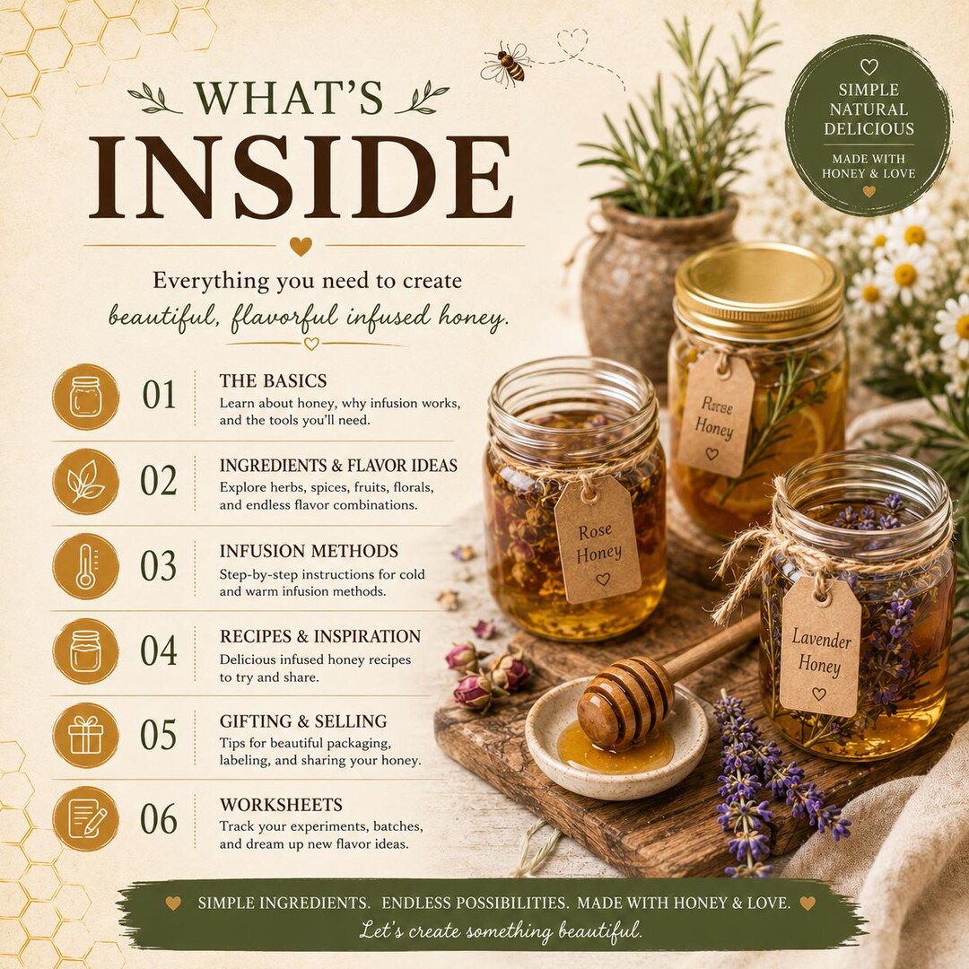 What's inside the Infused Honey Guide: infusion methods, recipes, and ingredient pages
