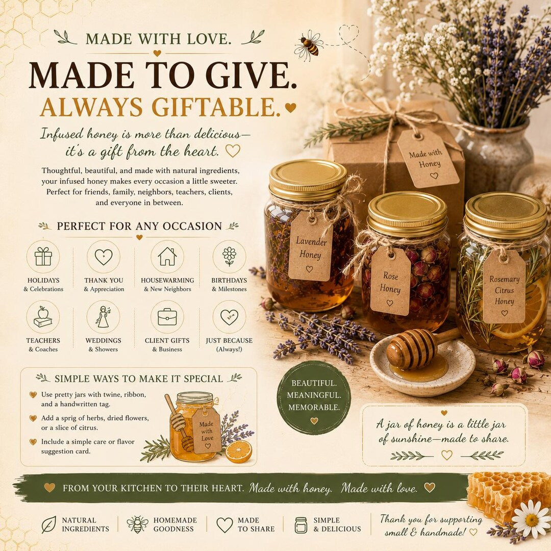 Three jars of homemade infused honey with gold lids and handwritten gift tags