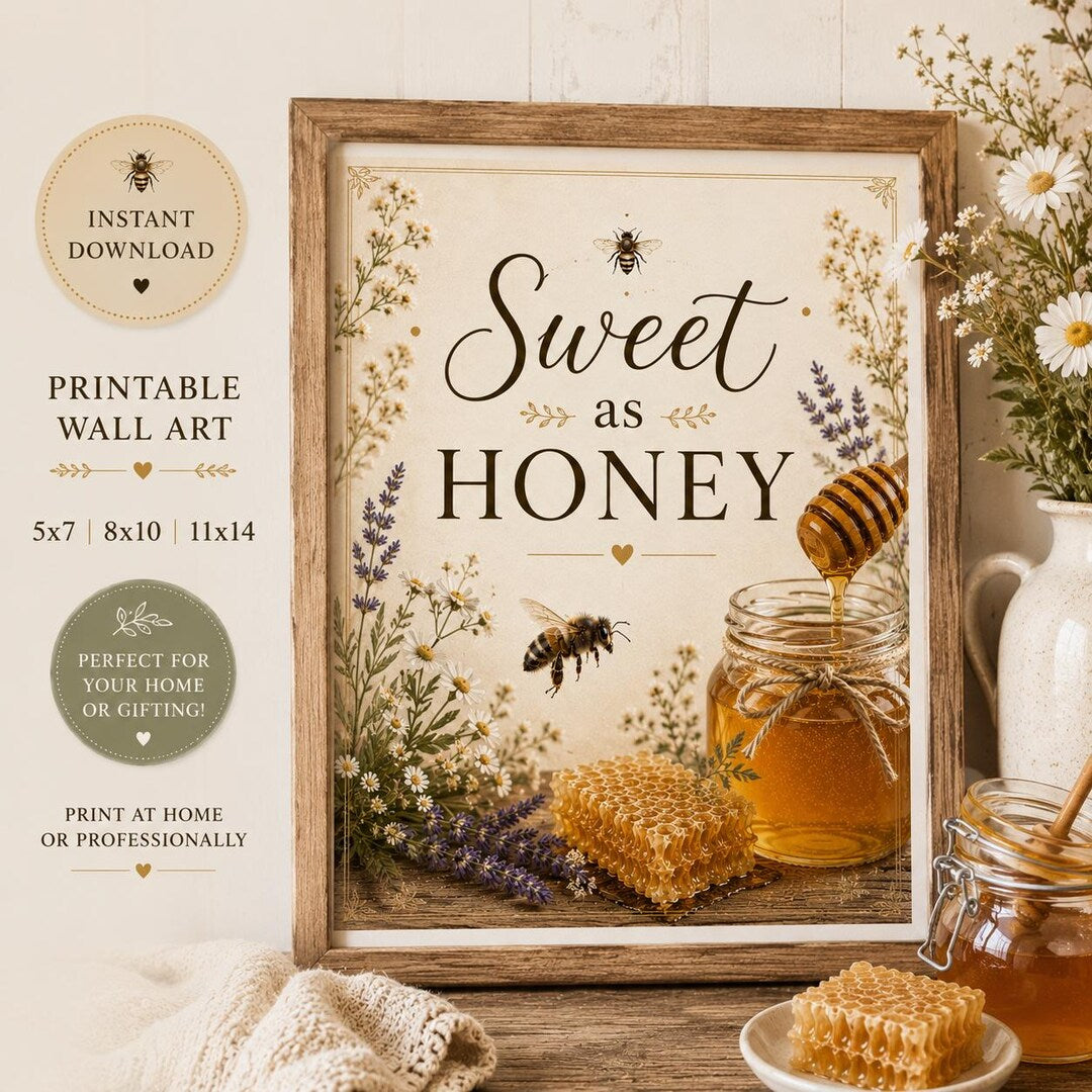 Sweet as Honey script print with bees, honey, and honeycomb surrounded by florals