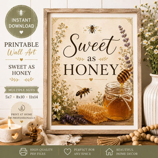 Framed Sweet as Honey printable wall art with a bee, honey dipper, and jar of honey