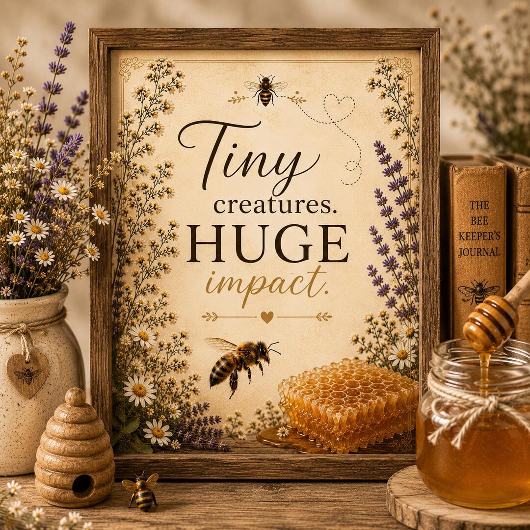 Bee wall art print displayed with a jar of honey, honeycomb, and a decorative beehive