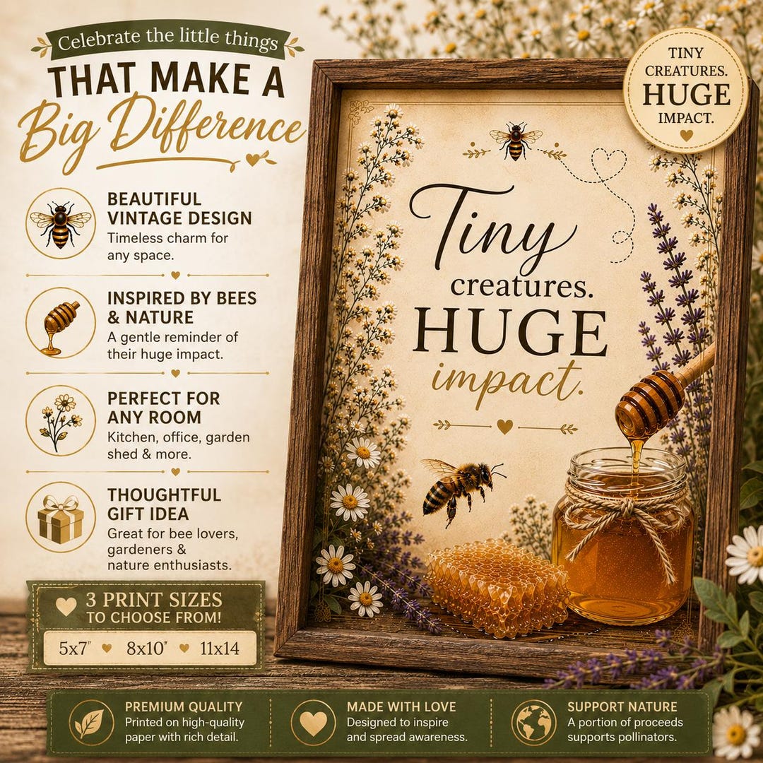 Framed Tiny Creatures, Huge Impact bee print with honey and honeycomb illustrations, available in 5x7, 8x10, and 11x14