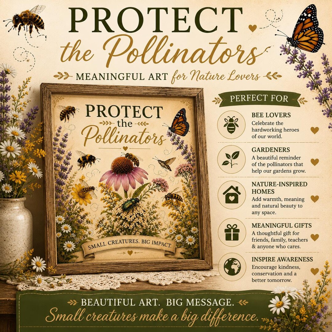 Protect the Pollinators vintage botanical print with bees, butterflies, and flowers